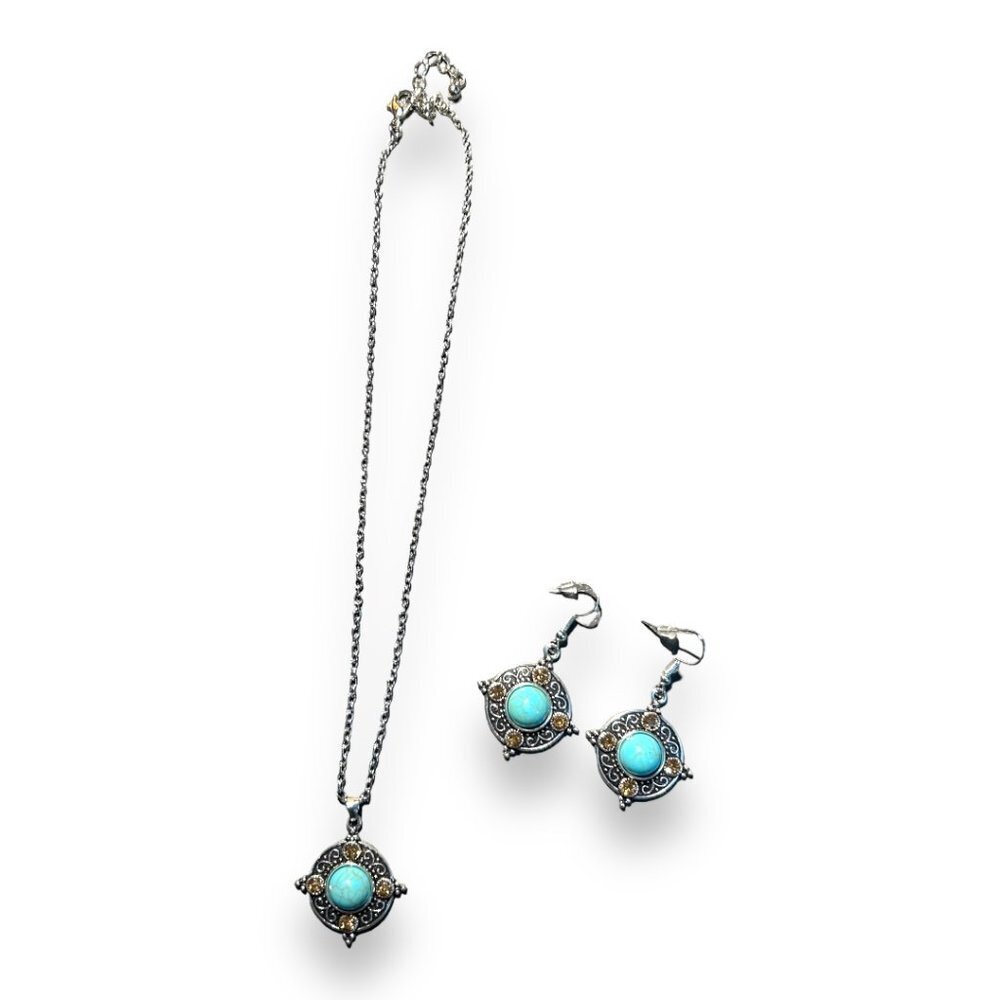 Vintage Look Silver Patterned Rhinestone and Turquoise Necklace and Earrings